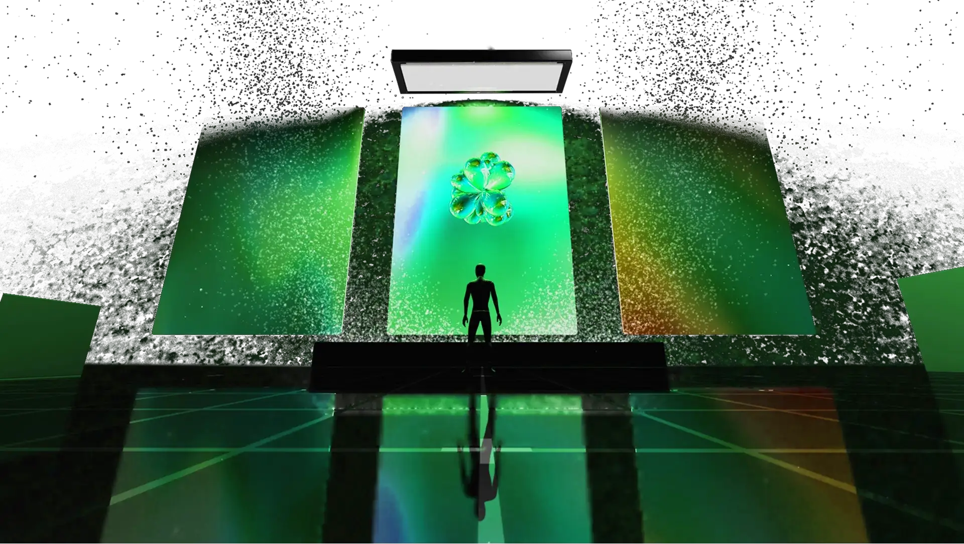 Silhouette standing before large glowing pink digital display